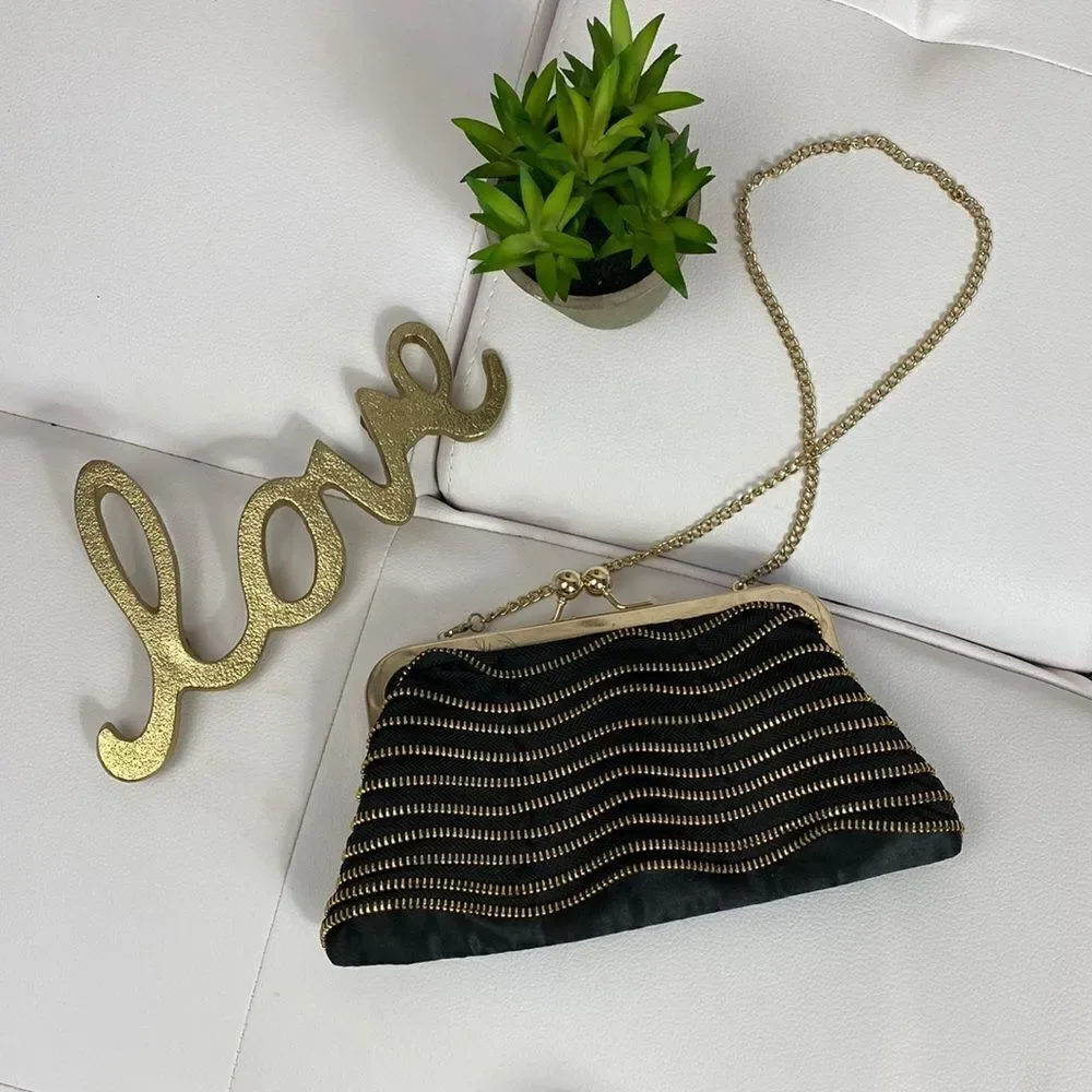 Ruffled Zipper Evening Bag Clutch Black Gold with Strap